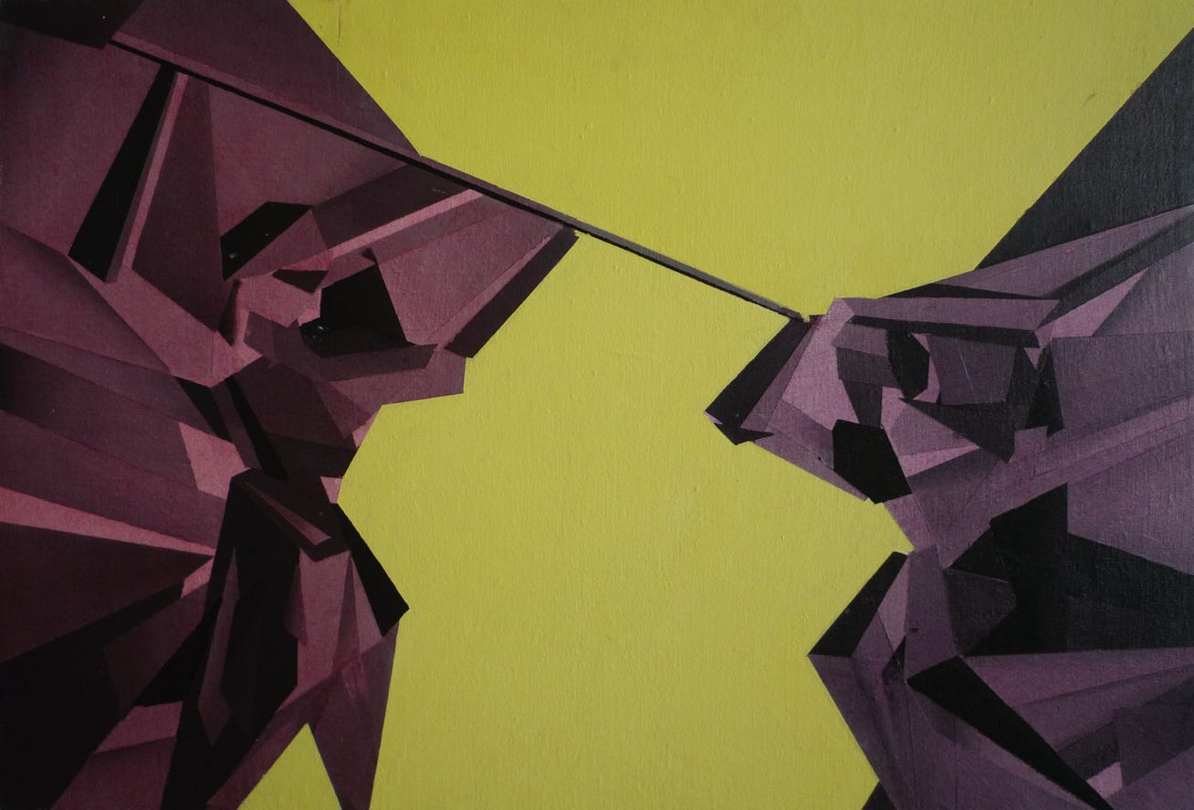 One of 3 works depicting conflict. It's an older work and made with acrylic paint on wood