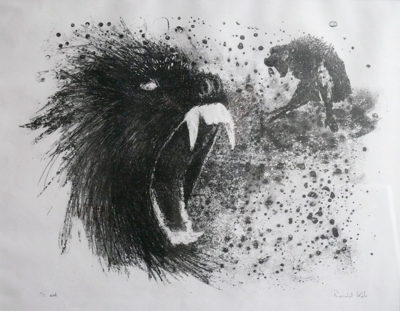 A lithographic image depicting agressive baboons