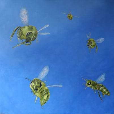 5 Bees flying towards you in a blue sky, looking at you.