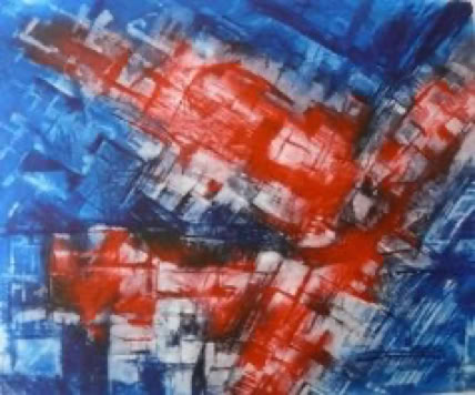 Abstract color etching depicting a city