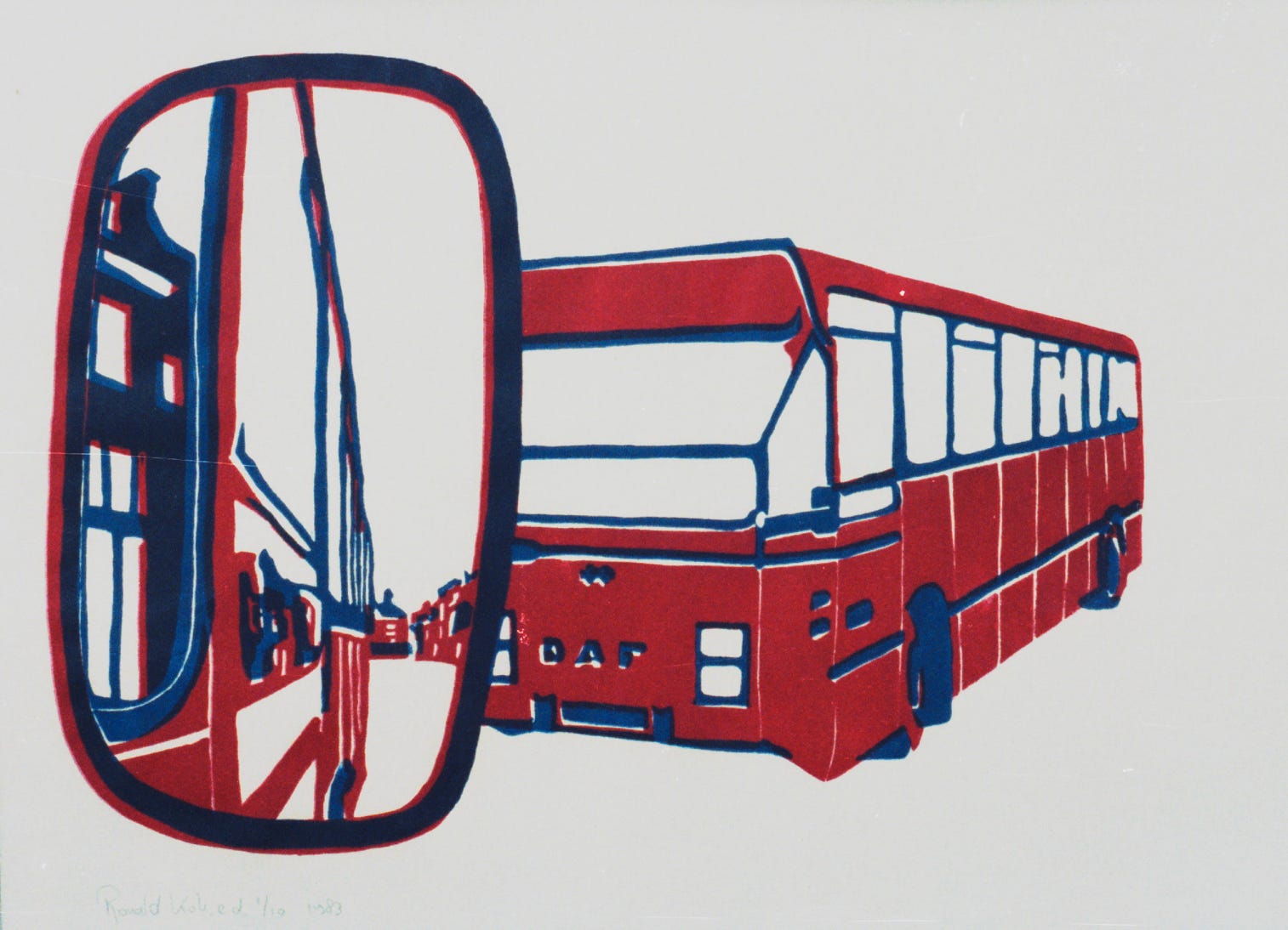 Linoleum print of a bus in the Hague in two colors