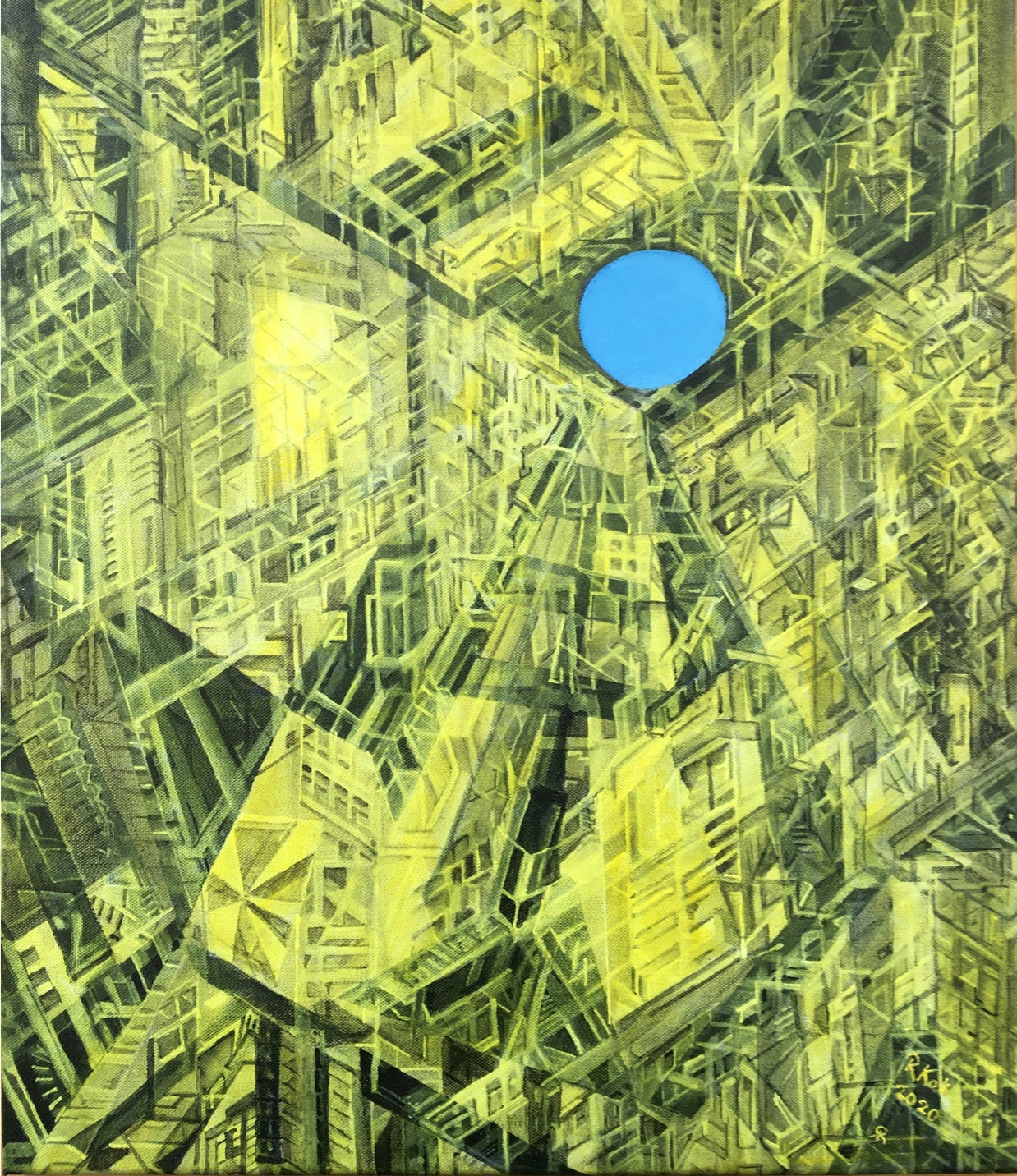 Abstract painting of a complex city in oil on canvas