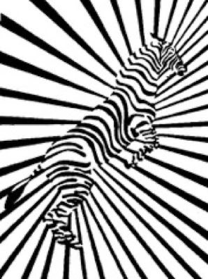 A  linoleum cutting of a panting zebra