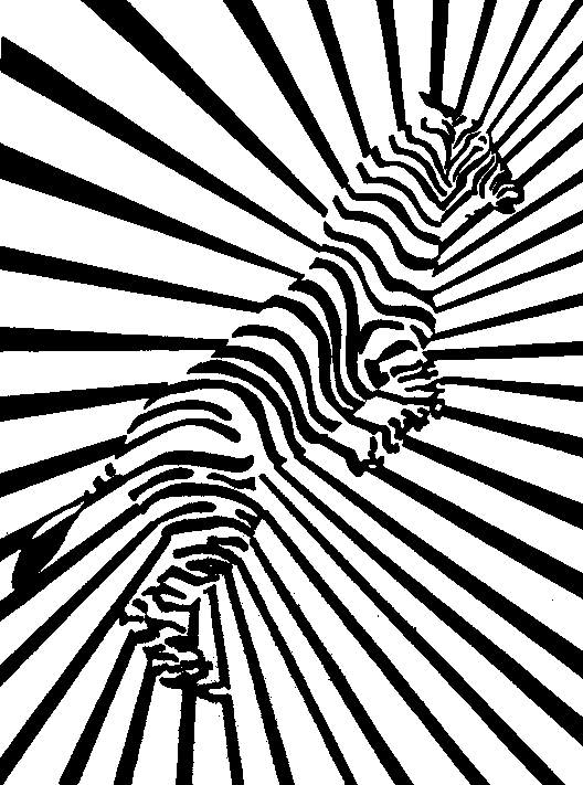Black and white linoleum cut of a panting zebra